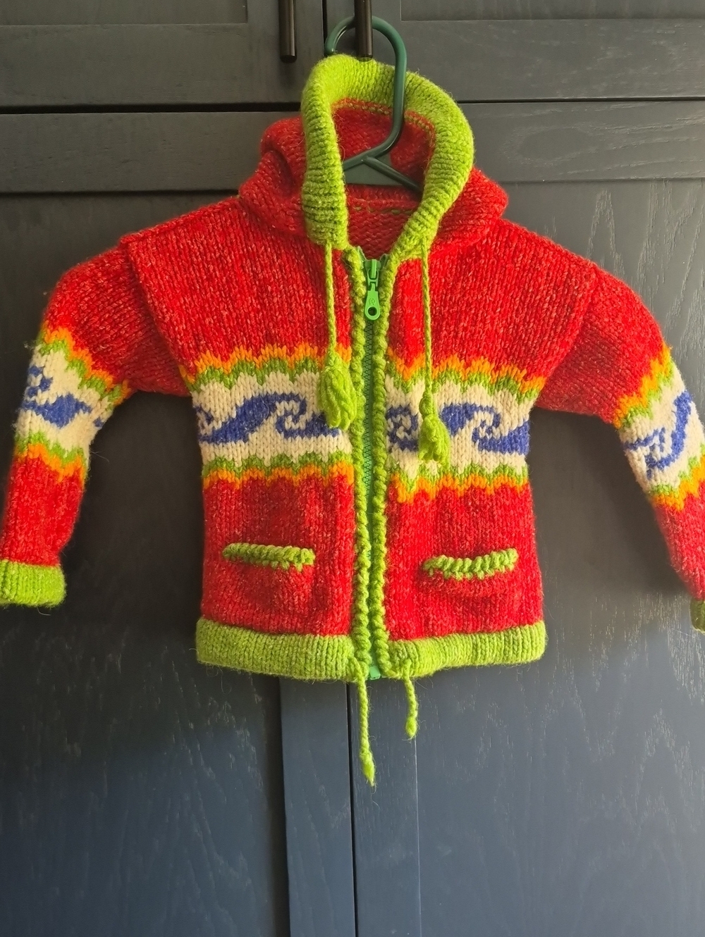 Kids Hooded Knit Sweater Jacket in Red and Green